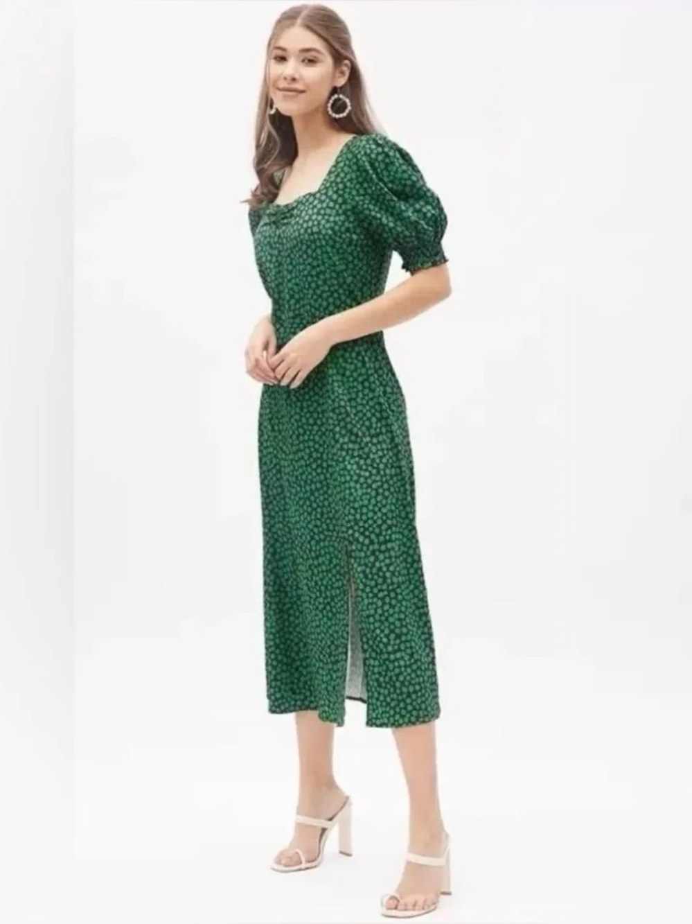 Green/Black Puff Sleeve Midi Dress with Side Slit